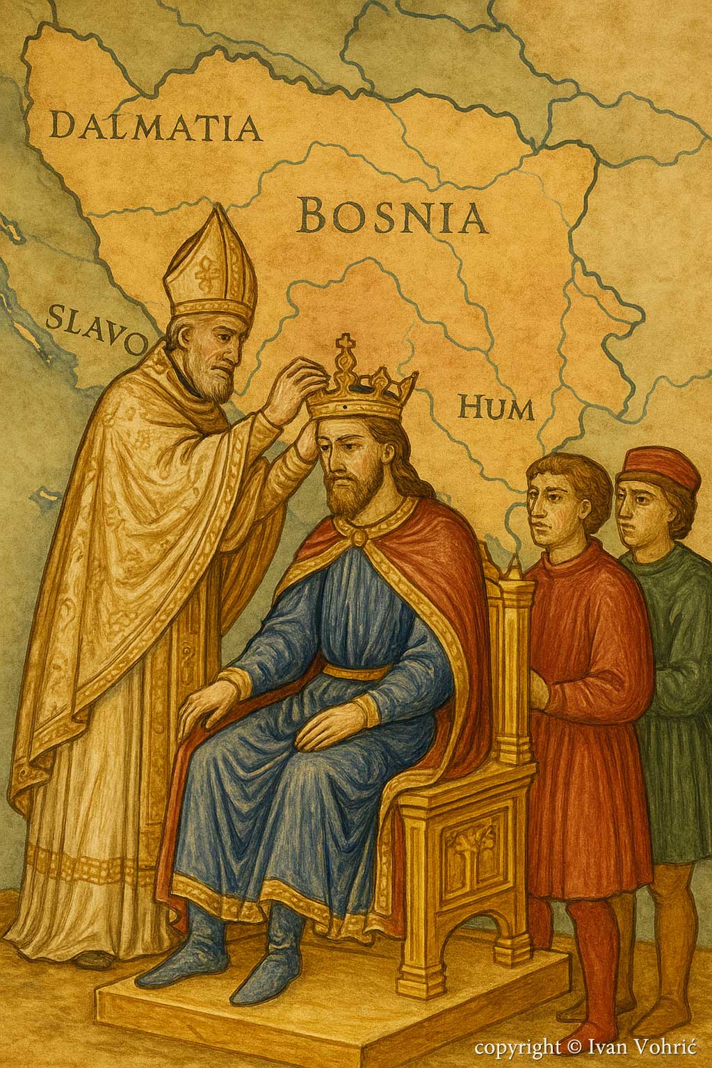 Umjetnički prikaz krunidbe kralja Tvrtka I. Kotromanića u Mileševu 1377. godine, s prikazanom kartom srednjovjekovne Bosne i susjednih krajeva u pozadini.“