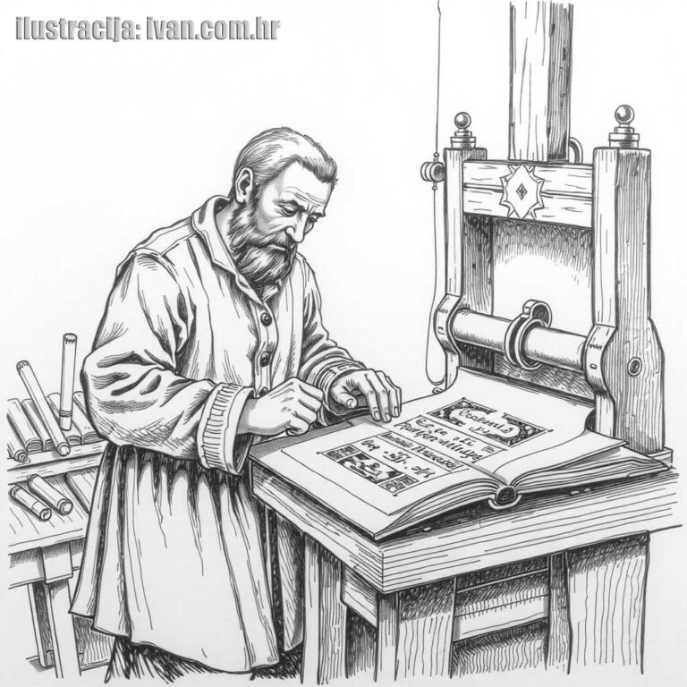 ilustracija u tehnici olovkom, godina radnje 1483. mjesto Kosinj, Lika, tiskarski stroj te čovjek koji priprema za tisak "misal" u ono doba