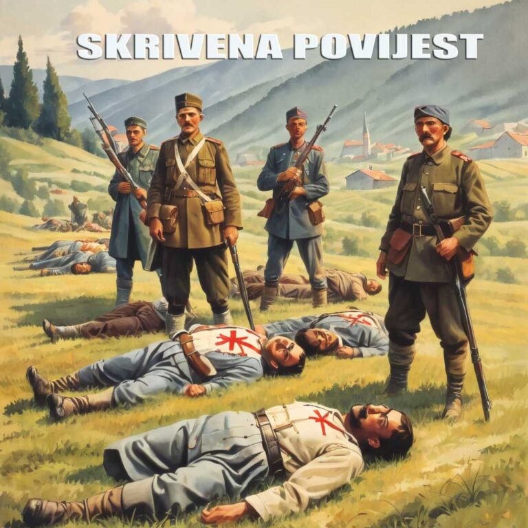 ilustracijA šestero civila,seljaka HRVATA oni leže ubijeni na zemlji. Pogubili su ih srpski vojnici kraljevine jugoslavije 1935. godine koji se također vide na ilustraciji sa oružjem u rukama, pozadina je livada ili oranica, ILUSTRACIJU IZRADIO IVAN VOHRIĆ