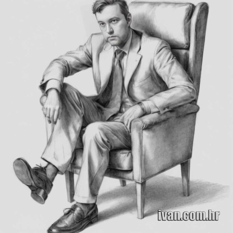 Ilustracija prikazuje mi čovjeka Dobroslava Paragu koji sjedi na stolici, prekriženih nogu, a na potplatama cipele ima rupu