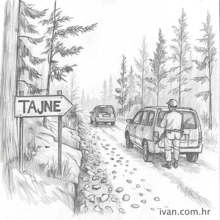 ILUSTRACIJA pokazuje tajni znak, usku stazu posutu kamenčićima, dva automobila na toj stazi i vojnike s puškama koji zaustavljaju te automobile, šumska pozadina, trebalo bi opisati kako je ubijen Blaž Kraljević tehnika crtanja olovkom.