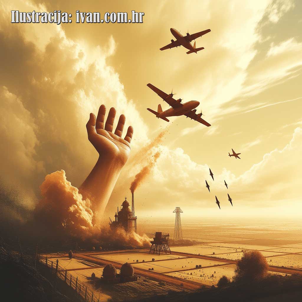 Bliski istok, ilustracija naftnih polja i avioni koji napadaju, iz zemlje izlazi pohlepna ruka koja želi tu naftu