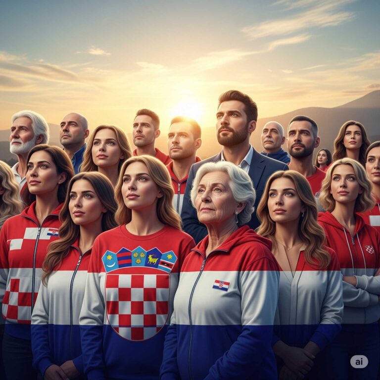 Ova slika simbolizira jedinstvo i snagu u Hrvatskoj, s diskretno uklopljenim elementima hrvatske zastave. Prikazuje raznoliku skupinu ljudi (mladih i starih, muškaraca i žena) kako stoje zajedno, gledajući prema svijetlom, nadajućem horizontu s izlazećim suncem. Ukupni dojam je optimističan, otporan i okrenut budućnosti, naglašavajući prevladavanje podjela i izgradnju bolje budućnosti.