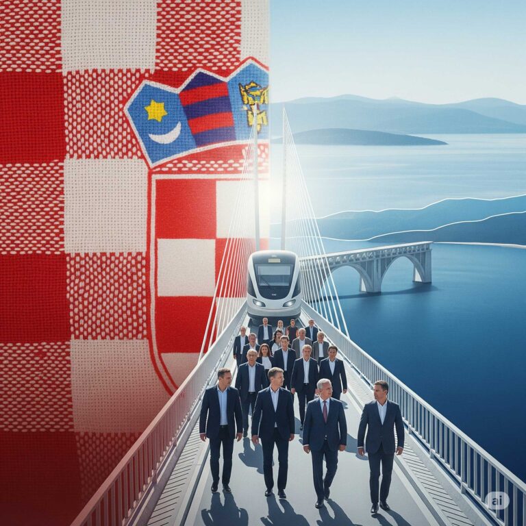 ilustracija prikazuje simboličnu sliku koja predstavlja evoluciju i modernizaciju političkog pokreta. Na njoj se vide elementi tradicije, poput crveno-bijelog šahovskog uzorka tradicionalnog hrvatskog tekstila, koji se stapaju s jasnim, naprednim putem prema jedinstvu i napretku, ilustriranim stiliziranim, modernim vlakom ili mostom koji vodi u svijetlu budućnost. Slika sugerira osjećaj jedinstva i napretka prikazujući raznoliku skupinu ljudi koji hodaju prema vlaku ili prelaze most. Pozadina suptilno nagovještava hrvatski identitet stiliziranim krajolikom s Jadranskim morem u pozadini, stvarajući osjećaj nacionalnog ponosa i nade za budućnost. Slika je stvorena u visokokvalitetnom, profesionalnom fotografskom stilu sa širokokutnim objektivom, omogućujući sveobuhvatnu vizualnu priču o putovanju pokreta prema napretku i jedinstvu.