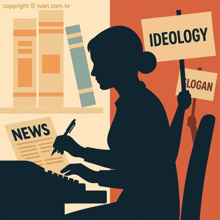 Silueta urednice za stolom s perom ili tipkovnicom. Iza nje dvije kontrastne pozadine: s jedne strane knjige, novine i simboli novinarstva, s druge strane transparenti i ideološki slogani. Vizual bi jasno prikazao razapetost između novinarstva i ideologije.
