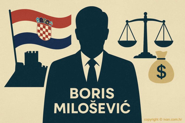 Stilizirana ilustracija Borisa Miloševića: figura političara u sjeni Knina i hrvatske zastave, iza njega simbolični motivi vaga pravde i novčanih potpora. Vizual prikazuje sukob dijaloga i optužbi za pogodovanje.