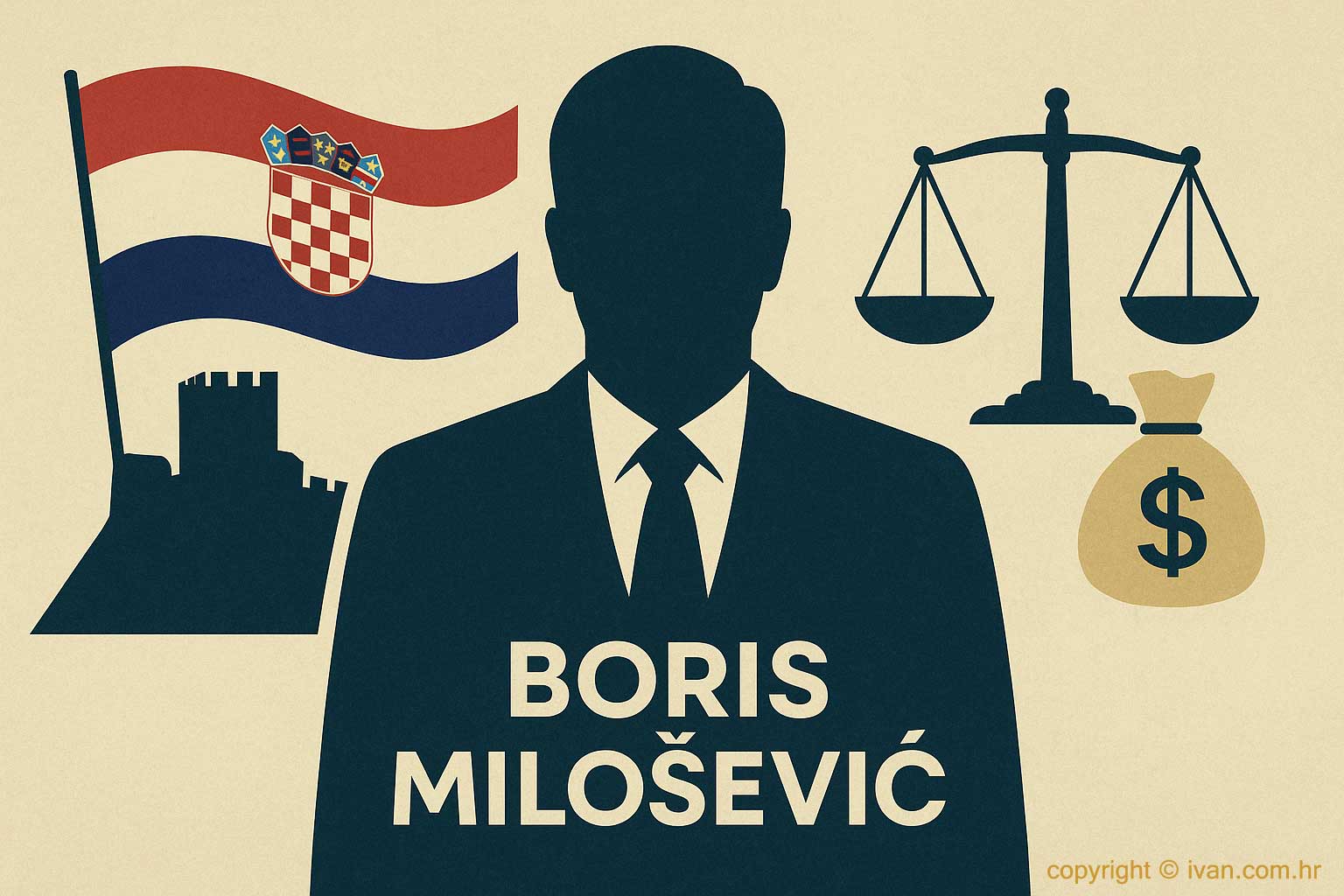 Stilizirana ilustracija Borisa Miloševića: figura političara u sjeni Knina i hrvatske zastave, iza njega simbolični motivi vaga pravde i novčanih potpora. Vizual prikazuje sukob dijaloga i optužbi za pogodovanje.