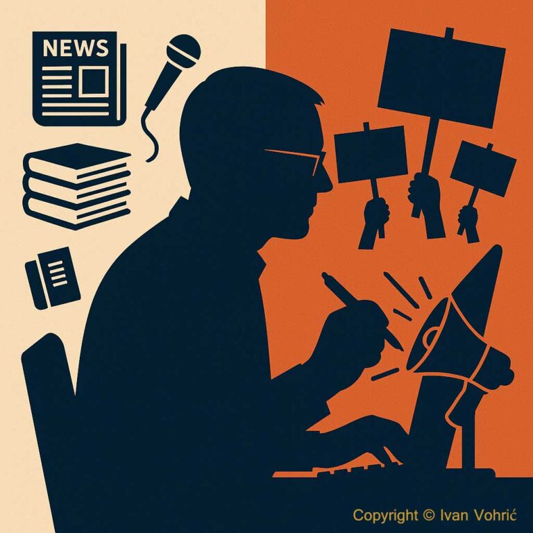 Silueta urednika Goran Borković s olovkom ili tipkovnicom. Iza njega dva kontrasta: s jedne strane knjige, novine i simboli novinarstva, s druge strane transparenti, parole i megafon. Vizual sugerira sukob između novinarstva i agitacije.