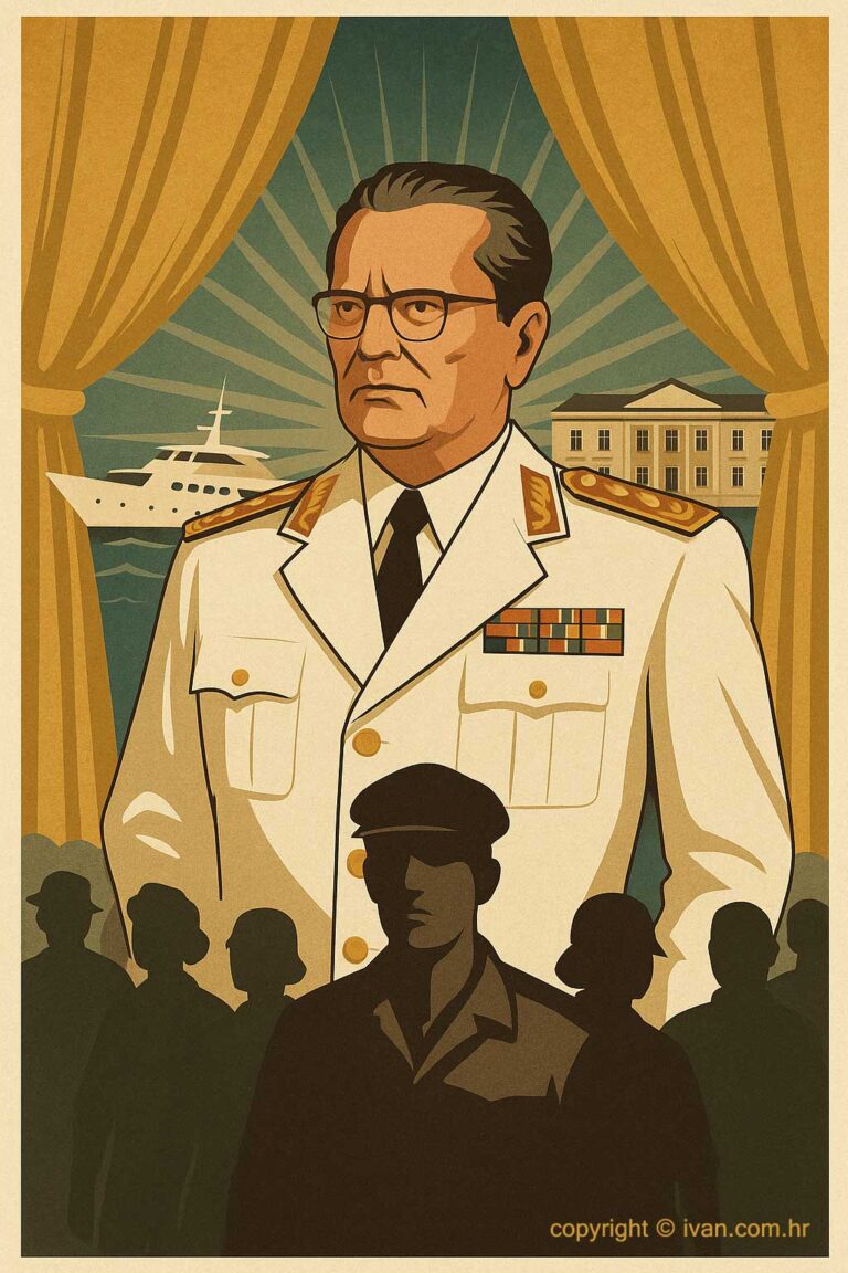 Stilizirana ilustracija Josipa Broza Tita u uniformi. Iza njega luksuzni simboli poput jahti i rezidencija u kontrastu s prikazom običnih ljudi u pozadini. Vizual prikazuje sukob mita o „čovjeku iz naroda” i raskošnog života.