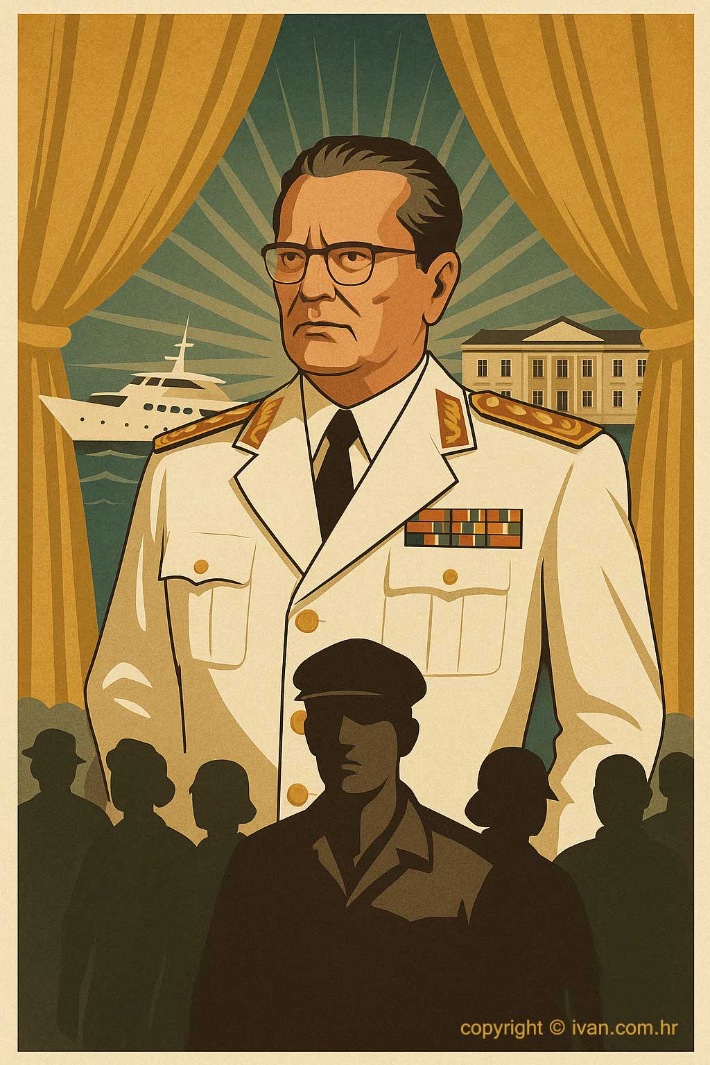 Stilizirana ilustracija Josipa Broza Tita u uniformi. Iza njega luksuzni simboli poput jahti i rezidencija u kontrastu s prikazom običnih ljudi u pozadini. Vizual prikazuje sukob mita o „čovjeku iz naroda” i raskošnog života.