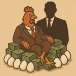 Kokoš u odijelu sjedi na hrpi novca i jaja, iza nje silueta političara s crvenom kravatom