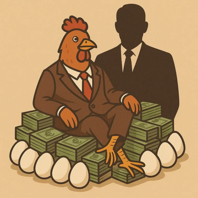 Kokoš u odijelu sjedi na hrpi novca i jaja, iza nje silueta političara s crvenom kravatom