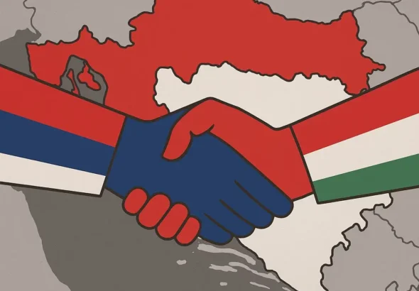Ilustracija rukovanja koje simbolizira savez Srbija i Mađarska, s njihovim zastavama iznad karte Hrvatske, naglašavajući povijesne pretenzije.