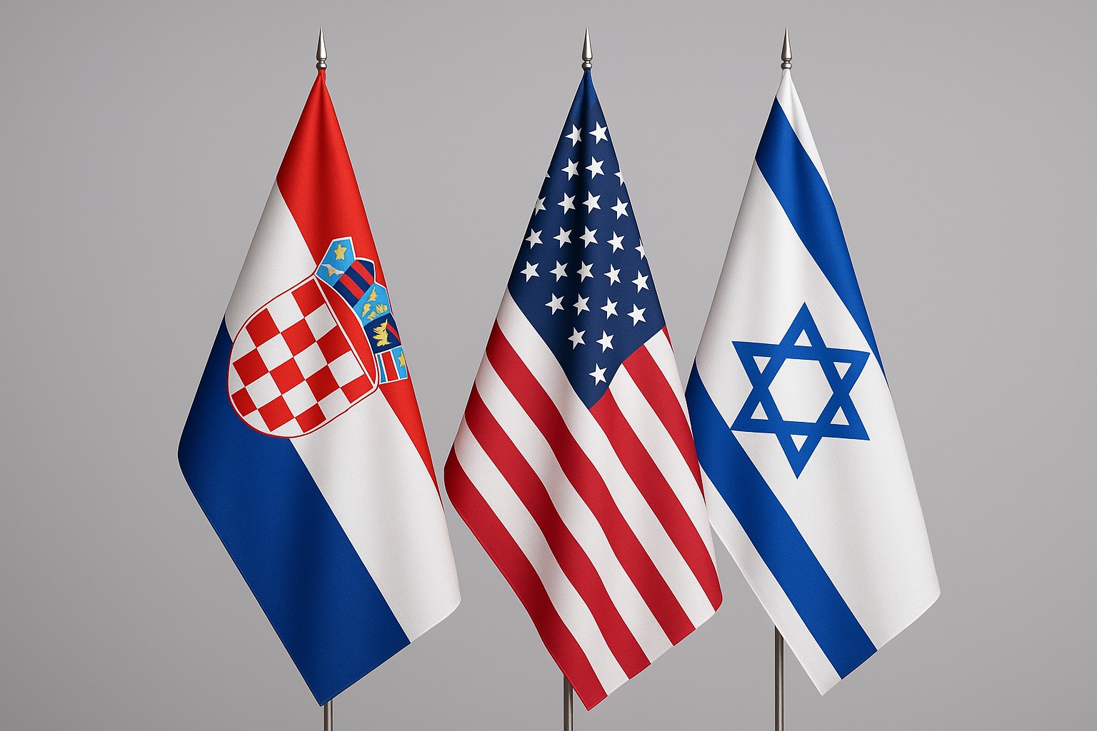 Zastave Hrvatske, Europske unije, Sjedinjenih Američkih Država i Izraela prikazane zajedno, simbolizirajući političko savezništvo i zajedničke vrijednosti