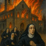 Samostan Bernaga u plamenu, s uplašenim časnim sestrama koje u tišini napuštaju goruću zgradu; dramatičan prikaz požara, dima i panike u noćnom prizoru