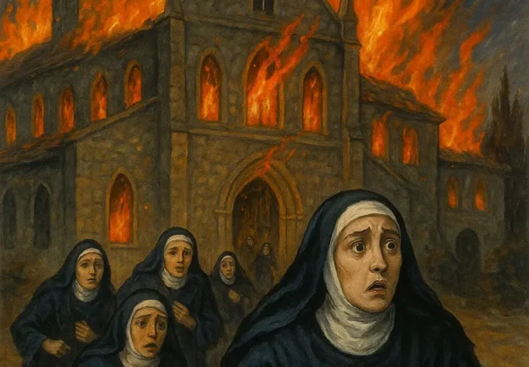 Samostan Bernaga u plamenu, s uplašenim časnim sestrama koje u tišini napuštaju goruću zgradu; dramatičan prikaz požara, dima i panike u noćnom prizoru