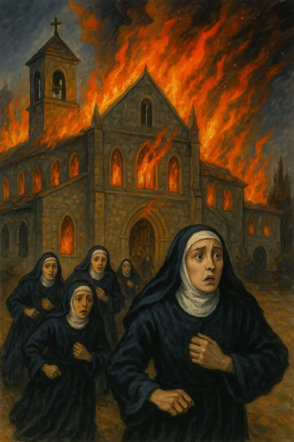 Samostan Bernaga u plamenu, s uplašenim časnim sestrama koje u tišini napuštaju goruću zgradu; dramatičan prikaz požara, dima i panike u noćnom prizoru