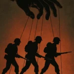 Rat ne počinje na bojištu. Ilustracija ruke koja vuče konce lutaka — simbol naroda kojim manipuliraju moćnici, metafora početka rata u tišini.