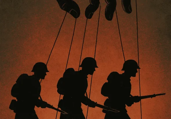 Rat ne počinje na bojištu. Ilustracija ruke koja vuče konce lutaka — simbol naroda kojim manipuliraju moćnici, metafora početka rata u tišini.