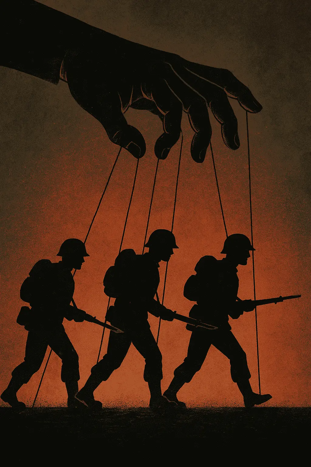 Rat ne počinje na bojištu. Ilustracija ruke koja vuče konce lutaka — simbol naroda kojim manipuliraju moćnici, metafora početka rata u tišini.