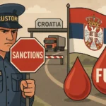 Hrvatski carinik zaustavlja kamion na granici zbog sankcija Srbiji i zabrane uvoza goriva, uz prikaz hrvatske i srpske zastave.
