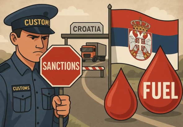Hrvatski carinik zaustavlja kamion na granici zbog sankcija Srbiji i zabrane uvoza goriva, uz prikaz hrvatske i srpske zastave.
