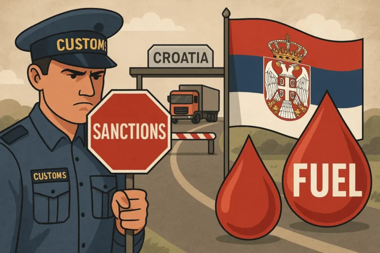 Hrvatski carinik zaustavlja kamion na granici zbog sankcija Srbiji i zabrane uvoza goriva, uz prikaz hrvatske i srpske zastave.