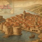 Stilizirana povijesna ilustracija Dubrovnika s gradskim zidinama i lukom u starinskom kartografskom stilu.