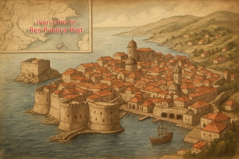 Stilizirana povijesna ilustracija Dubrovnika s gradskim zidinama i lukom u starinskom kartografskom stilu.