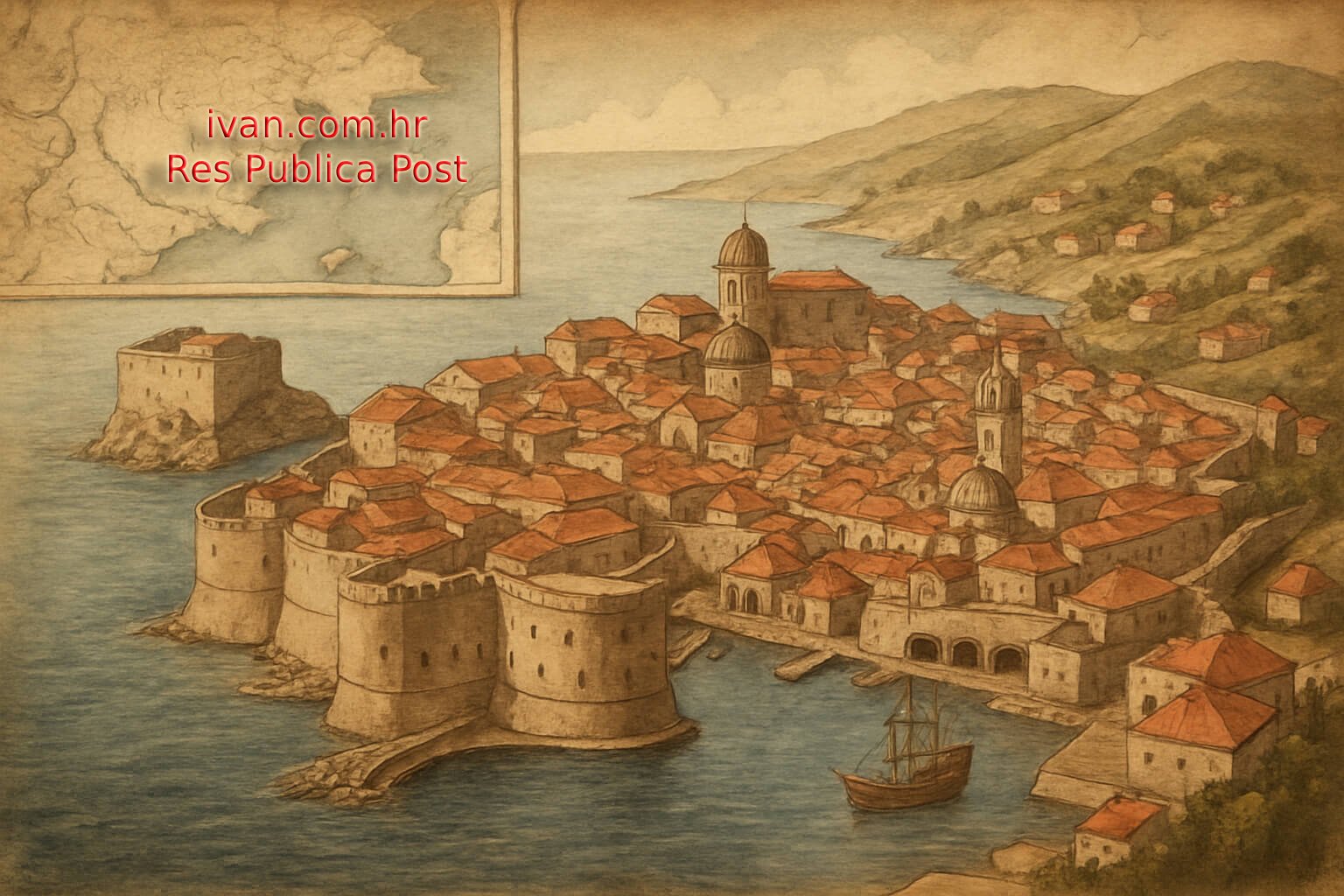Stilizirana povijesna ilustracija Dubrovnika s gradskim zidinama i lukom u starinskom kartografskom stilu.
