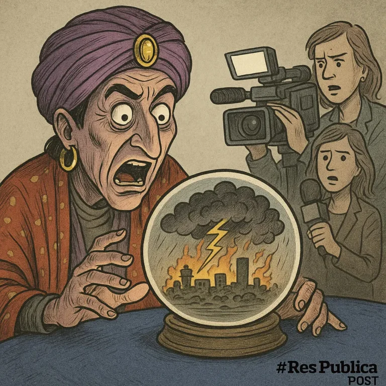 Satirična ilustracija fortune tellera koji predviđa katastrofu dok ga mediji snimaju, prikazujući kontrast između mainstream i anti-mainstream panike