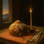 Tradicionalna dalmatinska scena s kruhom i svijećom, simboličan prikaz kućnog kulta u Dalmaciji. Mit, Srbi katolici.