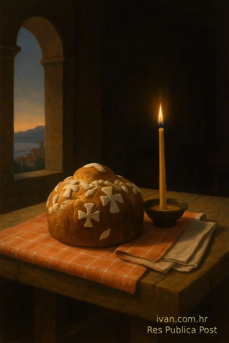 Tradicionalna dalmatinska scena s kruhom i svijećom, simboličan prikaz kućnog kulta u Dalmaciji. Mit, Srbi katolici.