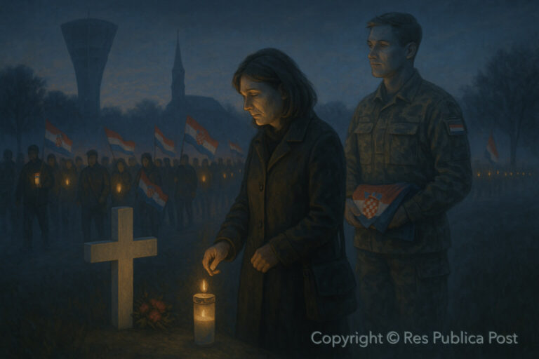 Ilustracija večeri u Vukovaru: majka stoji pred bijelim križem i svijećom, iza nje poluprozirni lik branitelja s hrvatskom zastavom, u pozadini kolona ljudi sa svijećama i silueta vukovarskog vodotornja.