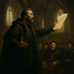 Bernardin Frankopan i Oratio pro Croatia, realistična povijesna ilustracija muškarca u 16. stoljeću, odjevenog u tamni plašt s krznenim okovratnikom, kako drži pergament i strastveno govori pred okupljenim vijećnicima u gotičkoj dvorani.