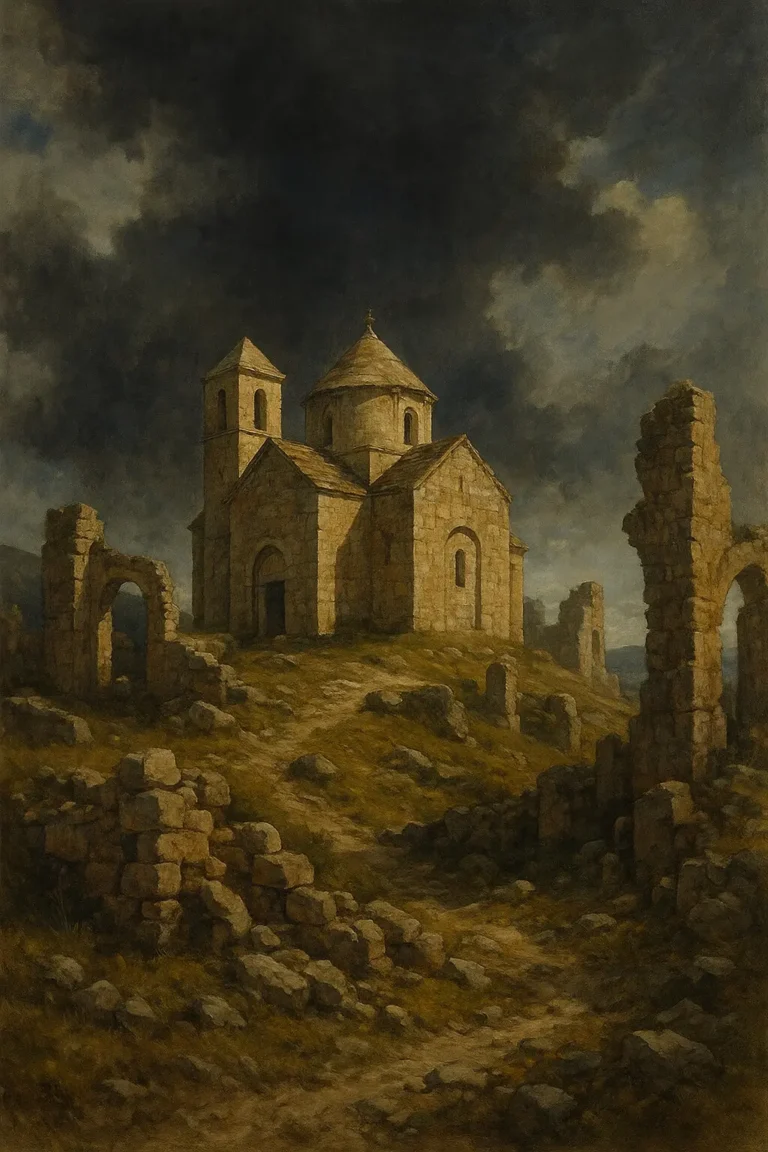 Ranosrednjovjekovna kamena crkva okružena ruševinama, simbol razaranja hrvatskih povijesnih središta.