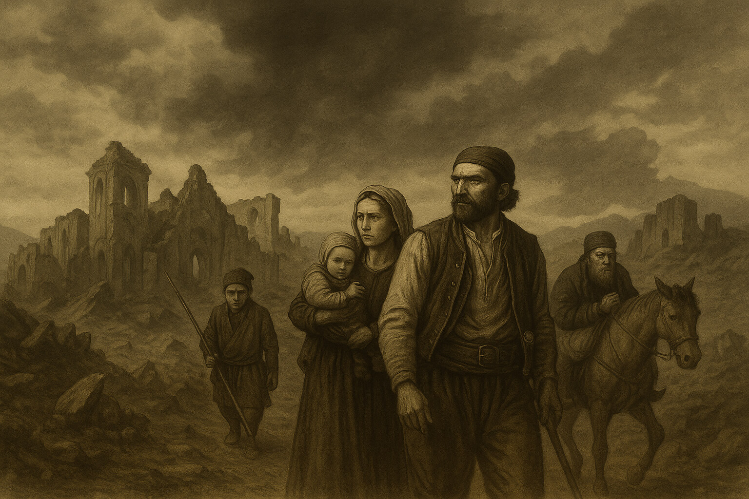 Vlasi, Povijesna ilustracija obitelji i stočarskih skupina u opustošenom krajoliku, prikaz migracija i nastanka identiteta u Krajini.