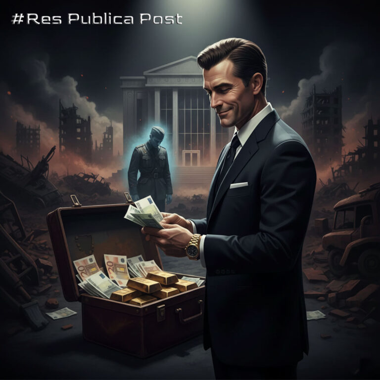 Ilustracija prikazuje nasmijanog ratnog profitera u elegantnom odijelu, koji broji novac iz otvorene aktovke pune eura i zlatnih poluga. Nalazi se usred opustošenog, ratom razorenog krajolika s uništenim zgradama i vozilima. U pozadini se nazire sablasna figura vojnika ispred zgrade suda, dok je ratni profiter obasjan snopom svjetlosti, simbolizirajući njegovu prosperitetnu, ali moralno upitnu poziciju.