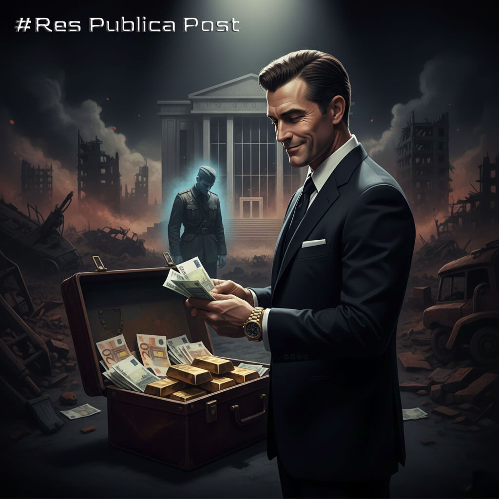 Ilustracija prikazuje nasmijanog ratnog profitera u elegantnom odijelu, koji broji novac iz otvorene aktovke pune eura i zlatnih poluga. Nalazi se usred opustošenog, ratom razorenog krajolika s uništenim zgradama i vozilima. U pozadini se nazire sablasna figura vojnika ispred zgrade suda, dok je ratni profiter obasjan snopom svjetlosti, simbolizirajući njegovu prosperitetnu, ali moralno upitnu poziciju.