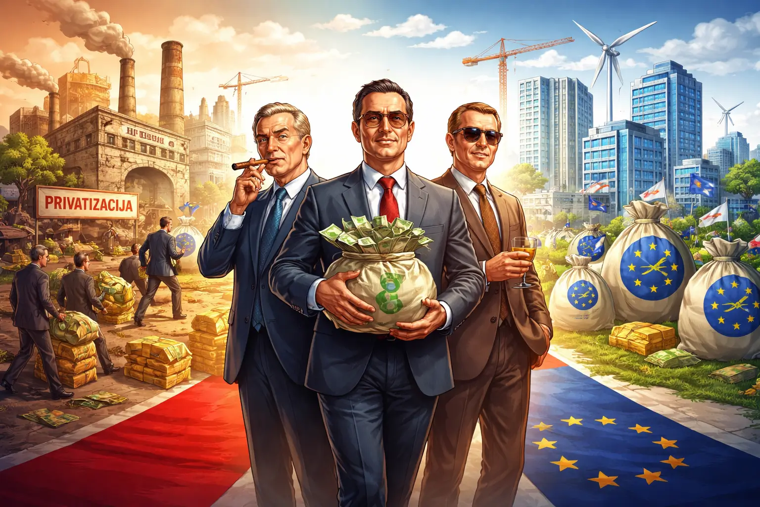 Ilustracija koja prikazuje prijelaz iz privatizacije 1990-ih u financiranje putem EU fondova, s istom elitom i novcem u prvom planu, te industrijskim ruševinama s jedne i modernim projektima s druge strane.