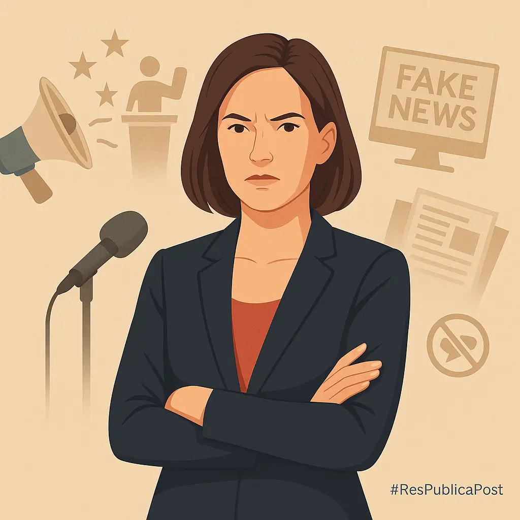 Ilustracija koja simbolički prikazuje medijske manipulacije Mojmire Pastorčić uz motive propagande i lažnih vijesti.