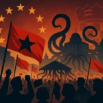 Ilustracija večernjeg prosvjeda u gradu; siluete ljudi s zastavama i transparentima stoje na ulici obasjanoj crvenim bakljama, u pozadini se vide zgrade s diskretnim uzorkom hrvatske šahovnice. Ujedinjeni protiv fašizma.