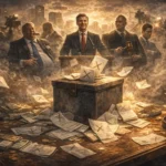 Ilustracija prikazuje glasačku kutiju okruženu glasačkim listićima, novcem i figurama moći u pozadini, kao simbol iluzije izbora i sustava bez posljedica.