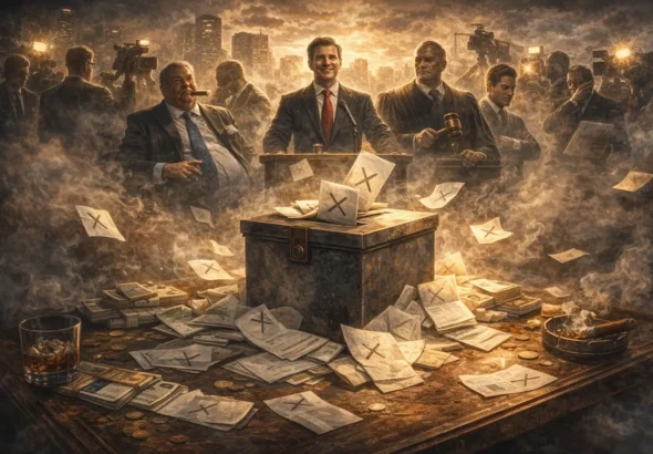 Ilustracija prikazuje glasačku kutiju okruženu glasačkim listićima, novcem i figurama moći u pozadini, kao simbol iluzije izbora i sustava bez posljedica.