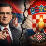 Digitalna ilustracija podijeljena na dva dijela: s jedne strane Boris Bratina ispred srpske zastave, s druge hrvatski grb sa svijećom, kao simbol povijesnog i političkog spora.