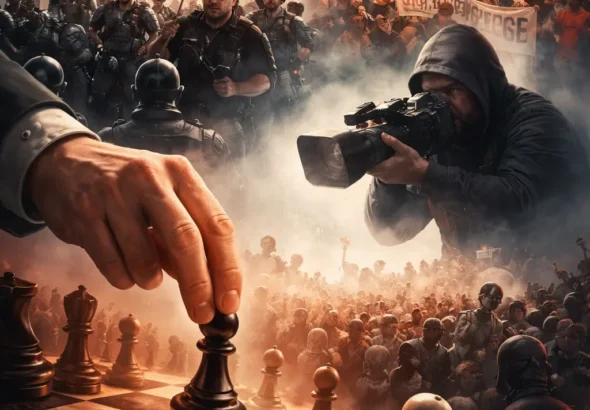 Ilustracija šahovske ploče na kojoj ruka pomiče pijuna, dok se u pozadini preklapaju politički prosvjedi, policija i mase ljudi, simbolizirajući petlju straha, medijsku reakciju i političku manipulaciju.