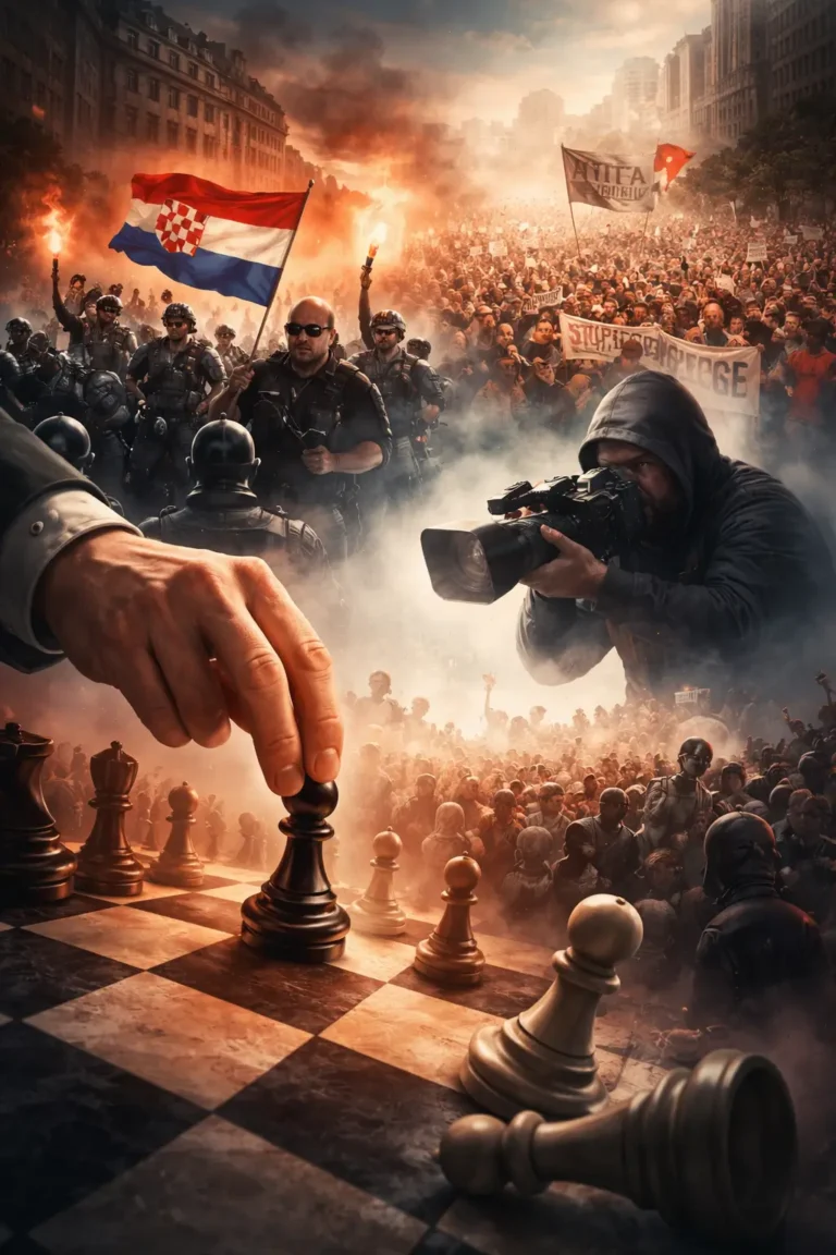 Ilustracija šahovske ploče na kojoj ruka pomiče pijuna, dok se u pozadini preklapaju politički prosvjedi, policija i mase ljudi, simbolizirajući petlju straha, medijsku reakciju i političku manipulaciju.