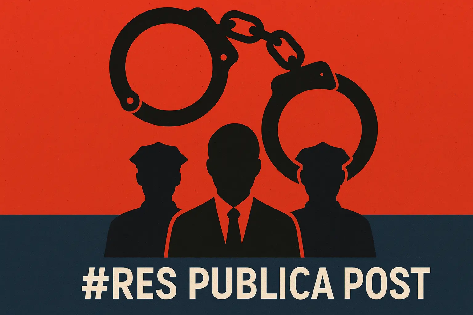 Nepovjerenje u MUP. Ilustracija prikazuje siluete ministra i dvojice policajaca ispred velikih lisica, uz diskretan natpis Res Publica Post, simbolizirajući krizu povjerenja u institucije i politički utjecaj na policijski sustav