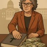 Ilustracija žene za stolom okružene svežnjevima novca, s rukom na velikoj knjizi s križem, u pozadini siluete državnih zgrada; simbolički prikaz zlouporabe javnih funkcija i sredstava.