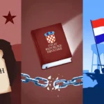 Simbolična ilustracija povijesnog prijelaza Hrvatske: ZAVNOH i komunistička era (lijevo), Ustav Republike Hrvatske s prekinutim lancima (centar), Domovinski rat, hrvatski branitelji, vukovarski vodotoranj i zastava (desno)